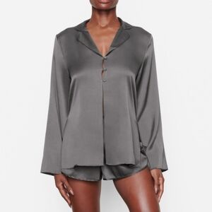 SKIMS Satin Button-Front Pajama Top & Shorts Set in Gray